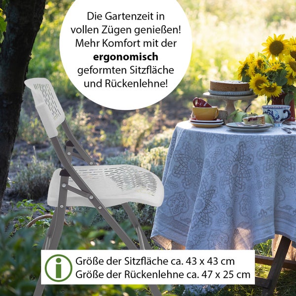 Klappstuhl mit ergonomischer Sitzfläche und Rückenlehne für den Garten, Maße Sitzfläche 43 x 43 Zentimeter, Maße Rückenlehne 47 x 25 Zentimeter.