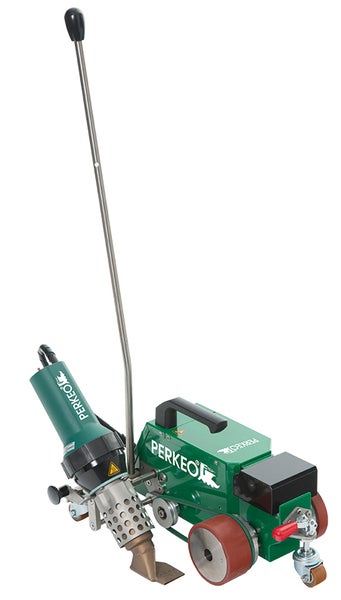 Perkeo Heißluftschweißautomat für Bodenbeläge mit langer Führungsstange und Rollen.