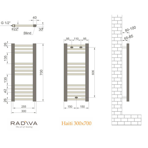 Radiva Badheizkörper 300x700 mm Chrom Inklusive Anschluss