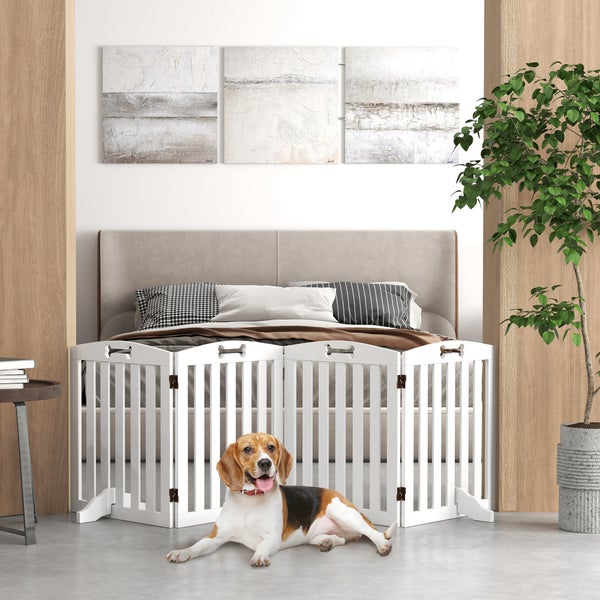PawHut Absperrgitter Hund 4-teilig, 207,5 x 61 cm Faltbar Türschutzgitter mit 2 Stützfüßen, Freistehend Hundegitter, Treppengitter für mittelgroße Hunde, für Flur, Treppe, Weiß