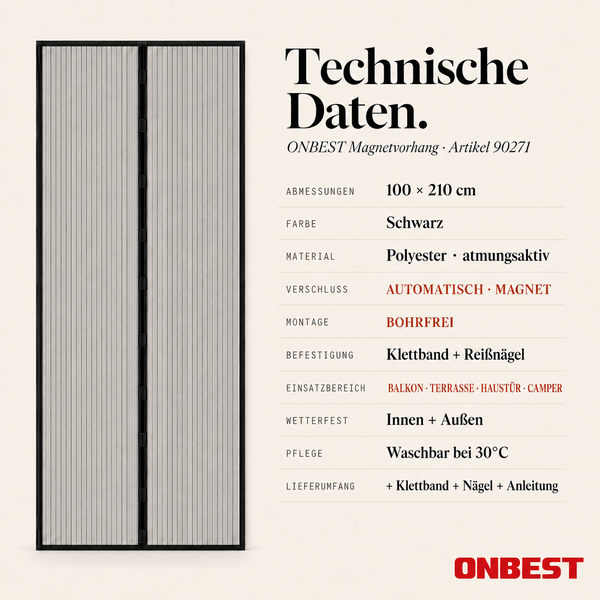 Technische Daten zum ONBEST Insektenschutz Magnetvorhang 100 mal 210 Zentimeter in Schwarz aus Polyester für Balkon und Terrasse. ONBEST Logo.