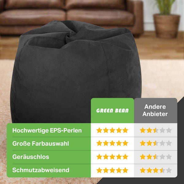 Green Bean Sitzsack mit Rückenlehne 60x60x90cm - Indoor Sitzkissen 220L Füllung Kuschelig Waschbar - Bean Bag Bodenkissen Lounge Chair Sitzhocker - Schwarz