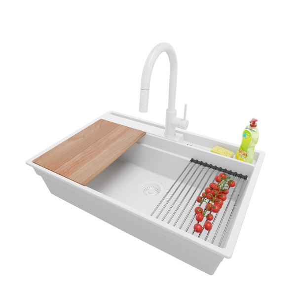PRIMAGRAN Granitspüle Alles Weiß 78x53cm, Spülbecken 1 Becken + Küchenarmatur 40x20cm + Ablauf-Set + Küchenzubehörset, Küchenspüle ab 80er Unterschrank - Oslo Pocket