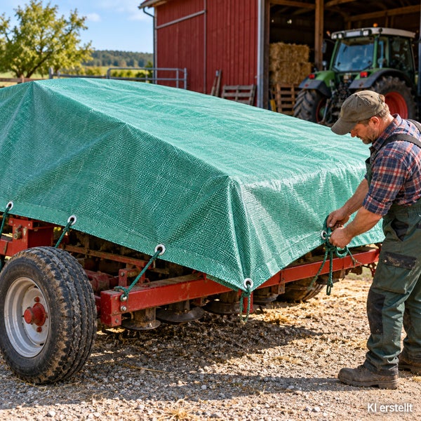 Landwirt befestigt eine Gewebeplane mit Metallösen an einem landwirtschaftlichen Anhänger auf einem Bauernhof.