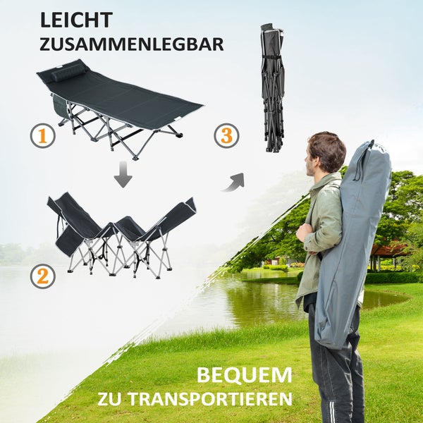 Outsunny Campingbett klappbar Feldbett Klappbett mit Kopfkissen Seitentasche Matratze Gästebett bis 150 kg belastbar Reisen Outdoor Oxford Grau 188 x 64,5 x 53 cm