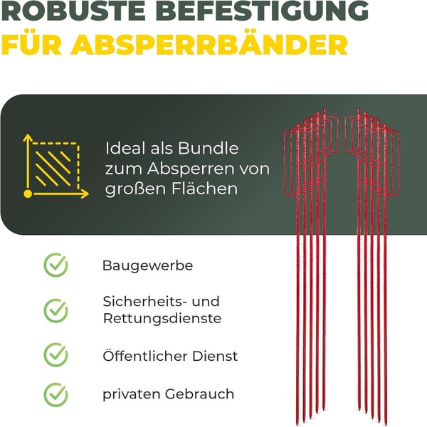 Bündel roter Absperrleinenhalter aus Metall zur Befestigung von Absperrbändern auf großen Flächen im Baugewerbe, öffentlichen Dienst und Privatbereich.