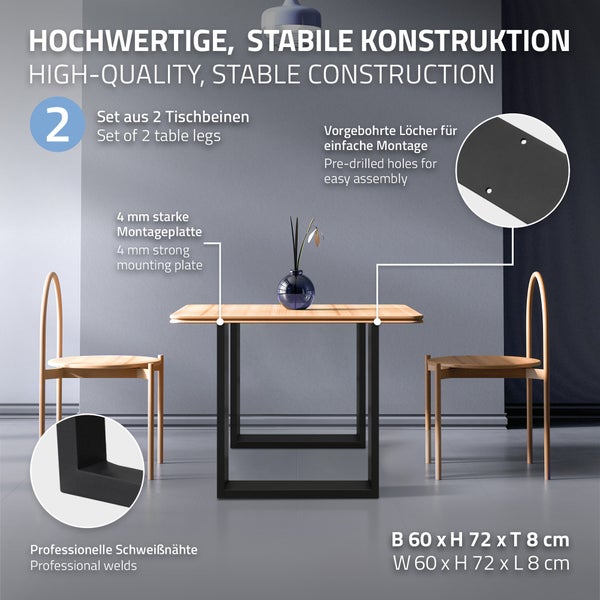 ECD Germany 2x Tischbeine aus Vierkantprofilen, 60 x 72 cm, Schwarz, pulverbeschichtete Stahl, Industriedesign, Metall Tischkufen Tischuntergestell Tischgestell Möbelfüße, für Esstisch Schreibtisch