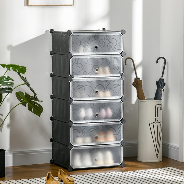 HOMCOM Schuhregal Kunststoffregal für 6 Paar Schuhe Schuhkarton für Flur DIY Steckregal Aufbewahrung von Schuhen Kunststoff Stahl Schwarz+Weiß 49 x 36,5 x 108 cm