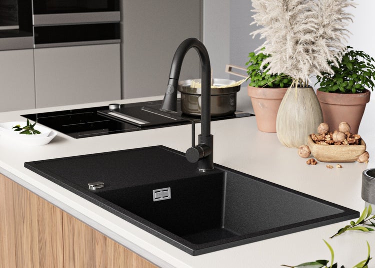PRIMAGRAN Spülbecken Anthrazit 90x50cm, Granitspüle 1 Becken + Ablauf-Set, Küchenspüle ab 60er Unterschrank - Ibiza