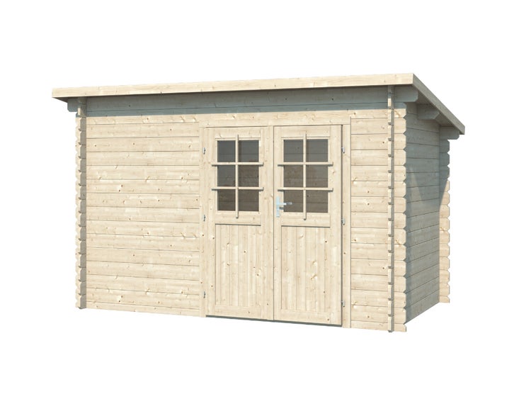 Gartenhaus aus Holz mit Pultdach und einer Doppeltür mit Fensterausschnitten.