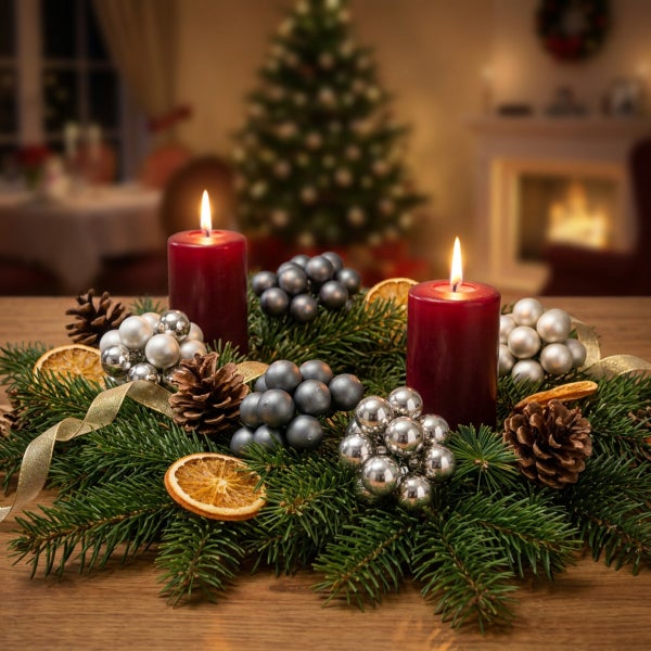 Weihnachtsgesteck mit zwei brennenden Stumpenkerzen, Tannenzweigen, Zapfen, getrockneten Orangenscheiben und Weihnachtskugeln auf einem Holztisch.
