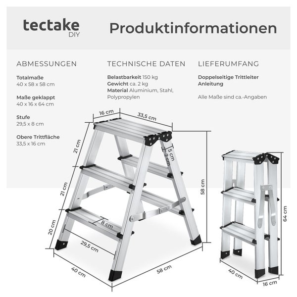 tectake DIY Logo. Infografik einer doppelseitigen Aluminium-Trittleiter mit Abmessungen in Zentimetern und technischen Daten wie Belastbarkeit.