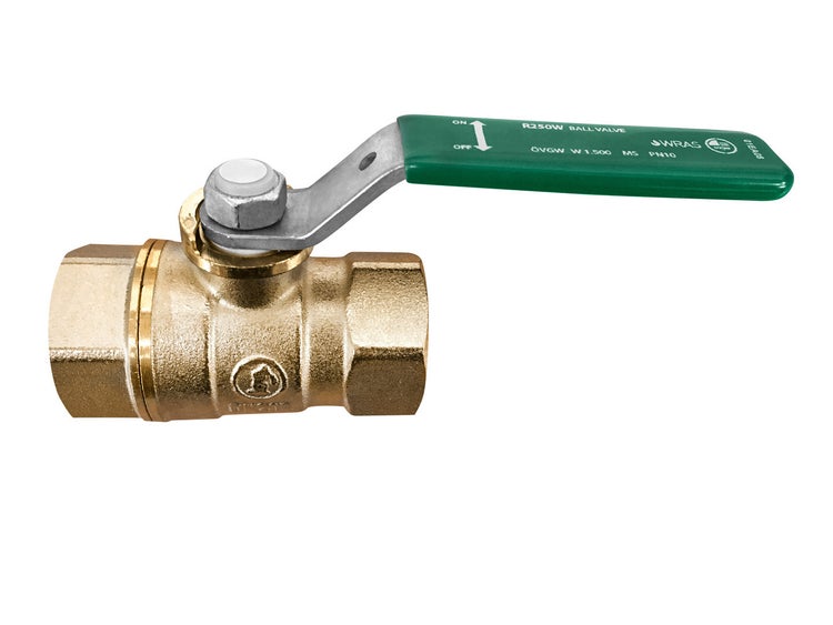 Kugelhahn aus Messing mit grünem Hebelgriff, Innengewinde und Nenndruck 10, WRAS-zertifiziert.