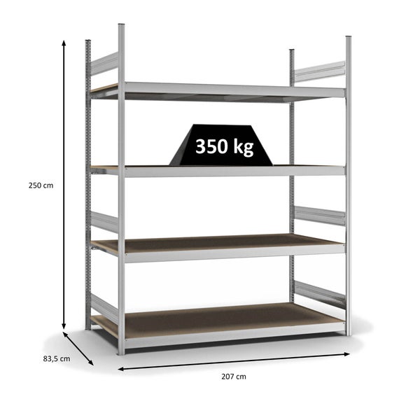 PROREGAL Weitspannregal Stecksystem T-Profil Grundregal HxBxT 250x200x80 cm 4 Ebenen Spanplatten Fachboden Fachlast 350 kg Verzinkt