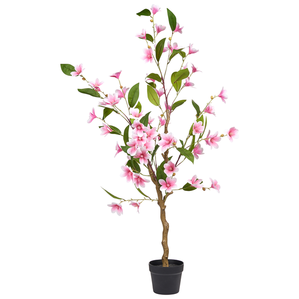 Künstliche Magnolie im schwarzen Topf mit rosa Blüten und grünen Blättern.