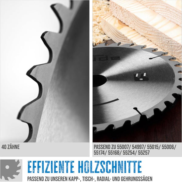 Hartmetall Kreissägeblatt mit 40 Zähnen für Kapp- Tisch- Radial- und Gehrungssägen zur effizienten Holzbearbeitung.
