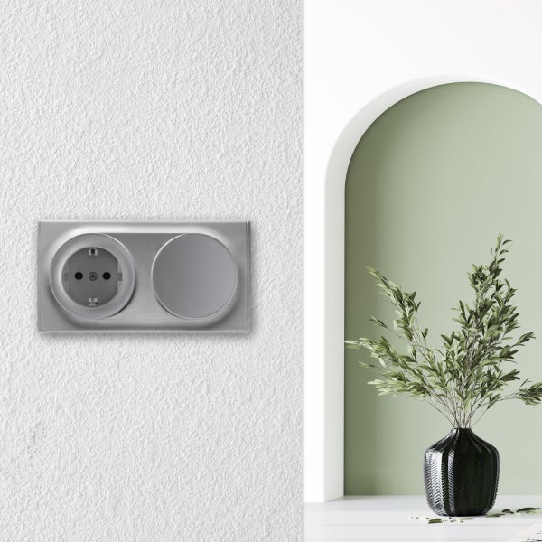 Eine silberne Schutzkontaktsteckdose mit Lichtschalter in einem modern gestalteten Raum mit strukturierter Wand und einem dekorativen Pflanzgefäß.