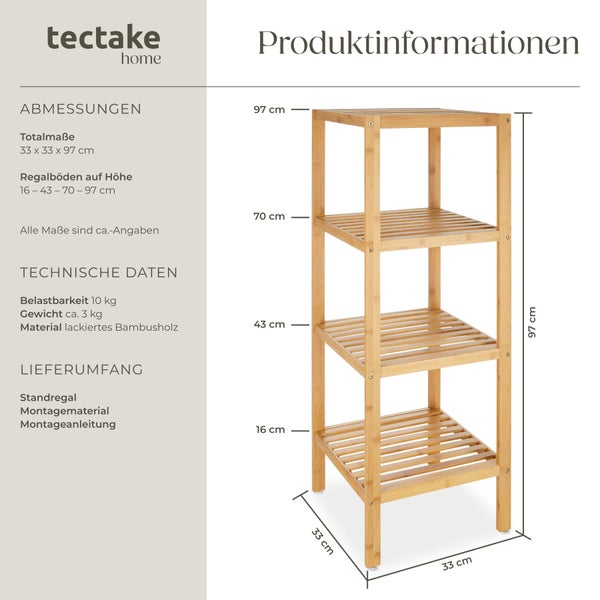 Bambus Standregal mit 4 Regalböden und Maßen 33 mal 33 mal 97 Zentimeter von Tectake Home mit Produktinformationen zur Belastbarkeit und Montage.