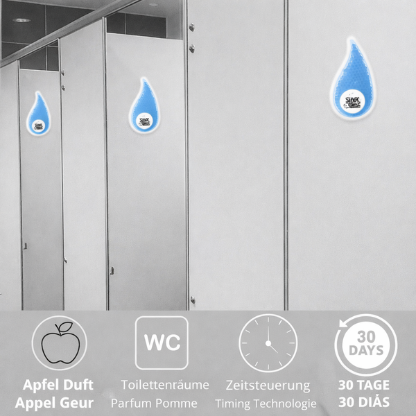 Lufterfrischer in Tropfenform an Toilettentüren im Toilettenraum mit Apfelduft, Zeitsteuerung und 30 Tagen Wirkungsdauer.