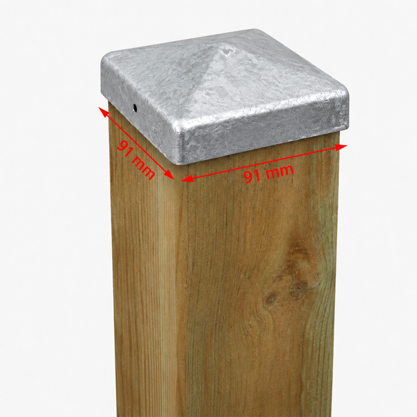 Pfostenkappe aus verzinktem Metall für Holzpfosten mit 91 Millimeter Breite.