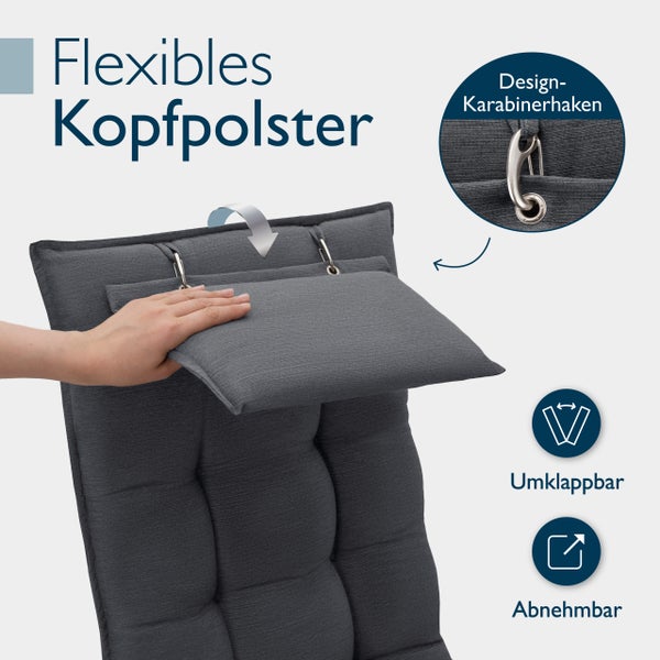 Flexibles Kopfpolster mit Designkarabinerhaken, umklappbar und abnehmbar.