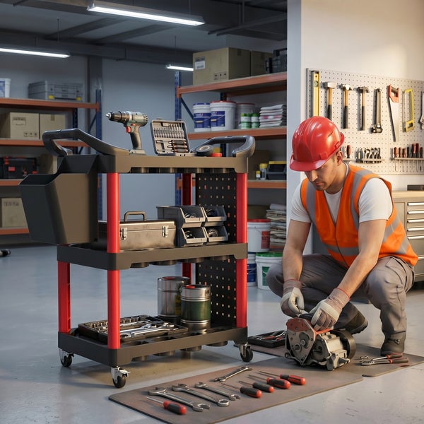 Handwerker in Arbeitskleidung repariert ein Maschinenteil in einer Werkstatt mit Werkstattwagen und sortiertem Werkzeug an der Lochwand