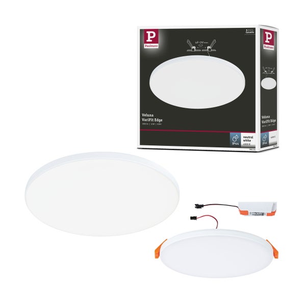 Paulmann Veluna VariFit Edge LED Deckenleuchte mit Montagezubehör und Produktverpackung
