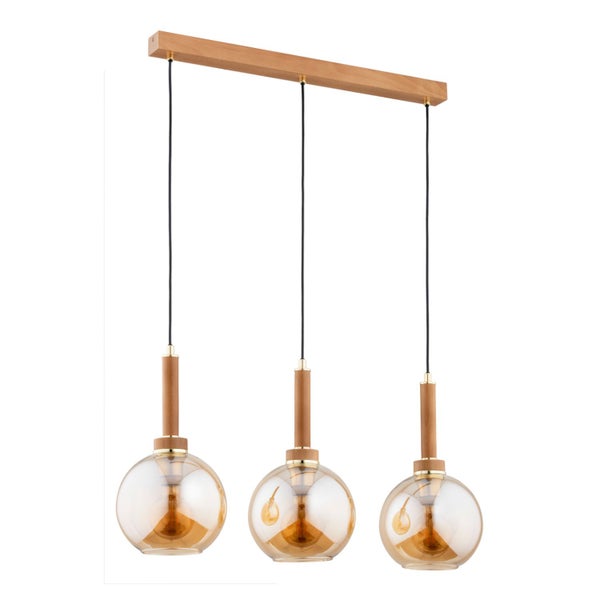 Dreiflammige Pendelleuchte mit Holz und Glaskugeln in bernsteinfarbenem Design für die Deckenmontage