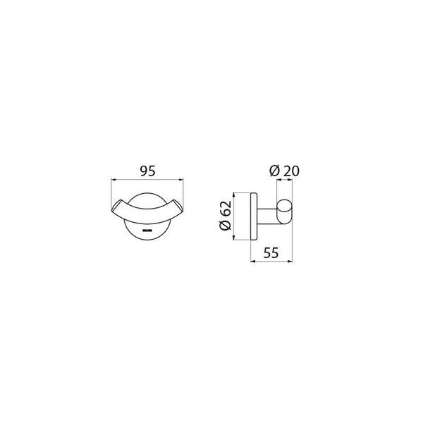 Maßzeichnung für Doppel-Wandhaken: Breite 95 Millimeter, Tiefe 55 Millimeter, Durchmesser 62 Millimeter.