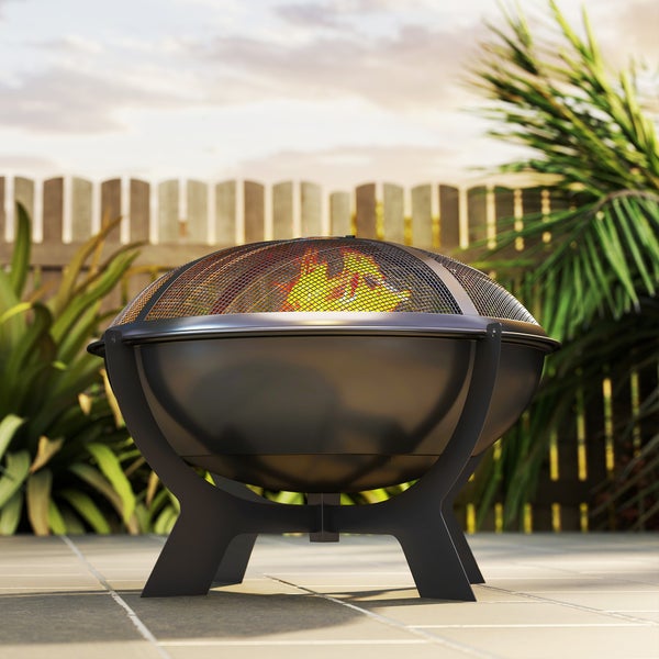 Outsunny Feuerschale Ø54x39cm aus Metall Rund Feuerstelle mit Funkenschutz Schürhaken Tragbare Feuerschalen Feuerkorb für Garten, Balkon Terrasse, Outdoor Camping Schwarz