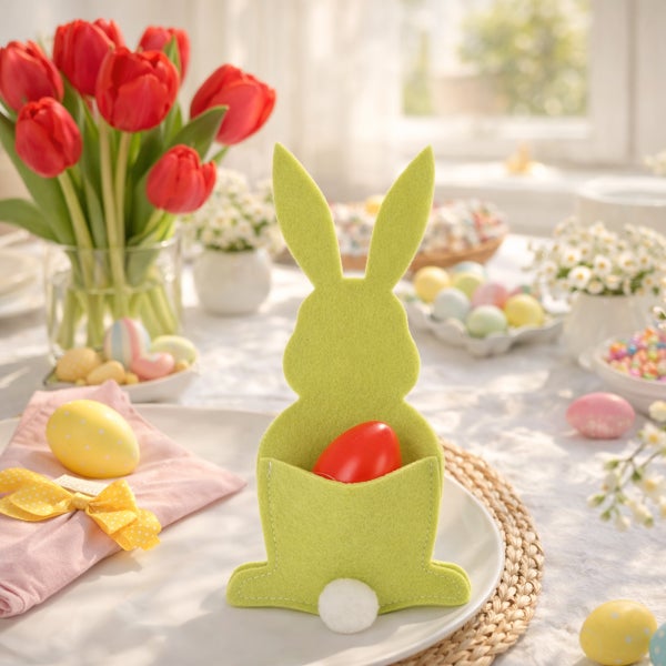 Osterdekoration aus Filz in Hasenform auf einem hellen, festlich gedeckten Tisch mit Tulpen und Ostereiern.