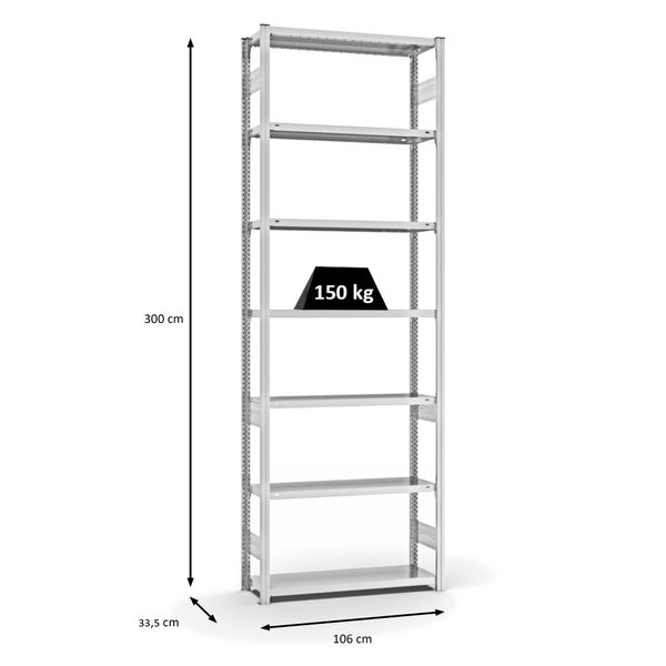 PROREGAL Fachbodenregal Stecksystem T-Profil Light-Duty Grundregal HxBxT 300 x 100 x 30 cm 7 Ebenen Fachlast 150 kg Beidseitig Nutzbar Lichtgrau