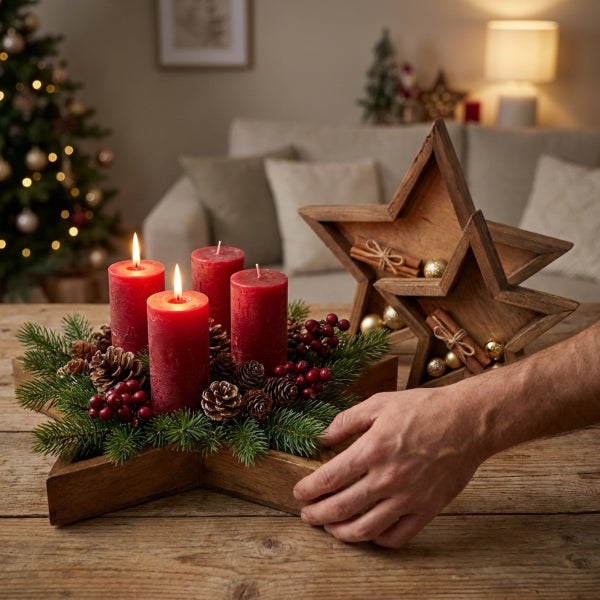 Weihnachtlicher Adventskranz in Sternform aus Holz mit brennenden Stumpenkerzen, Tannenreisig, Zapfen und Beeren als festliche Tischdekoration.