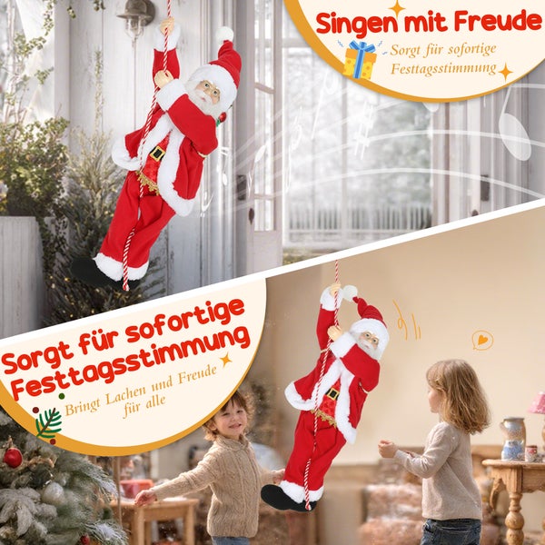Kletternder und singender Weihnachtsmann als Dekofigur an einem rot-weißen Seil, gezeigt in einer weihnachtlichen Wohnraumszene mit Kindern.