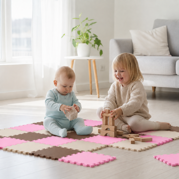 Zwei Kinder spielen auf einer Puzzlematte aus Schaumstoff mit Holzbausteinen in einem hellen Wohnzimmer.