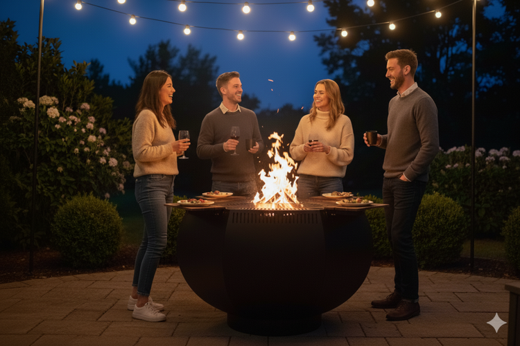 Gruppe von Personen steht um eine Feuerschale mit Grillfunktion im Garten