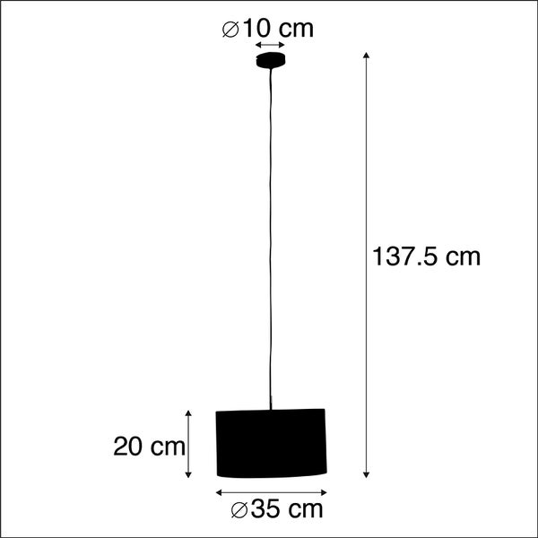 Maßzeichnung einer Pendelleuchte: Gesamthöhe 137,5 Zentimeter, Schirmdurchmesser 35 Zentimeter, Schirmhöhe 20 Zentimeter, Baldachin 10 Zentimeter.