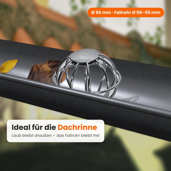 Laubschutzkorb aus Metall für Dachrinnen und Fallrohre mit 50 Millimeter Durchmesser zum Schutz vor Verstopfungen durch Laub und Schmutz.