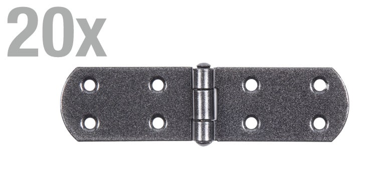Set von zwanzig flachen Scharnieren aus Metall mit vorgebohrten Schraublöchern zur Befestigung von Türen und Klappen.