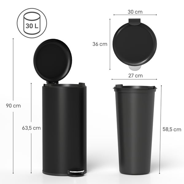 Schwarzer Tretmülleimer mit 30 Litern Fassungsvermögen und Maßangaben: Höhe 63,5 bis 90 Zentimeter, Durchmesser 30 Zentimeter.