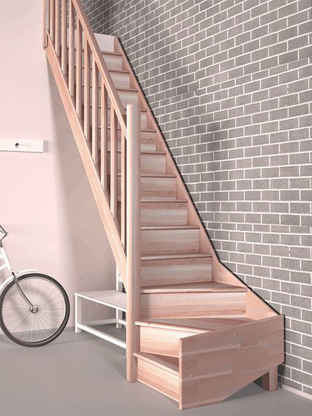 HandyStairs Vega60 aus Buchenholz - 60 cm breit - geschlossen - Vierteldrehung rechts - 1 Handlauf