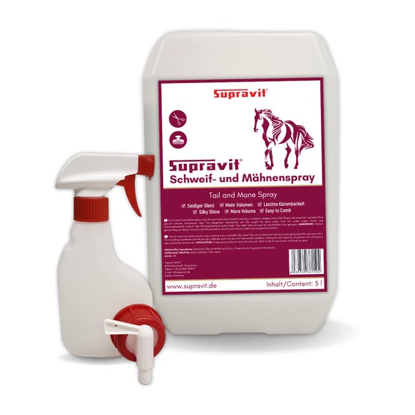 Supravit Schweif- und Mähnenspray, 5 Liter Kanister inklusive Sprühflasche und Auslaufhahn.
