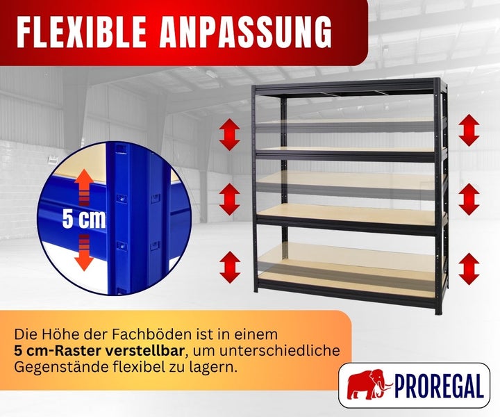 Schwerlastregal mit in 5 Zentimeter Schritten höhenverstellbaren Fachböden. Proregal Logo.