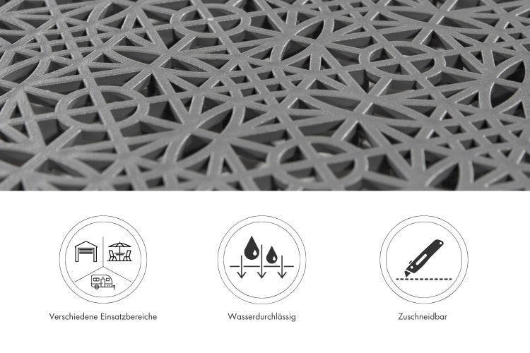 Kunststoff Bodenmatte mit geometrischem Muster, wasserdurchlässig und zuschneidbar für Garage, Terrasse oder Camping.