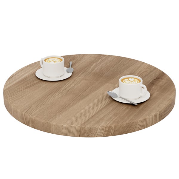 Runde Tischplatte aus Holz mit zwei Tassen Kaffee auf Untertassen und Löffeln.