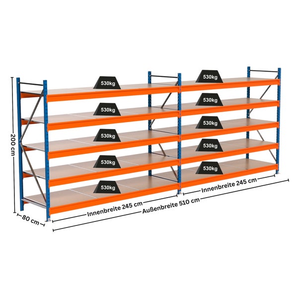 Abmessungen eines Schwerlastregals mit fünf Ebenen