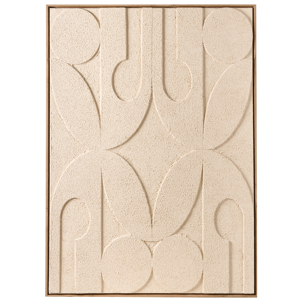 Strukturiertes 3D Wandbild mit geometrischem Reliefmuster und Holzrahmen.