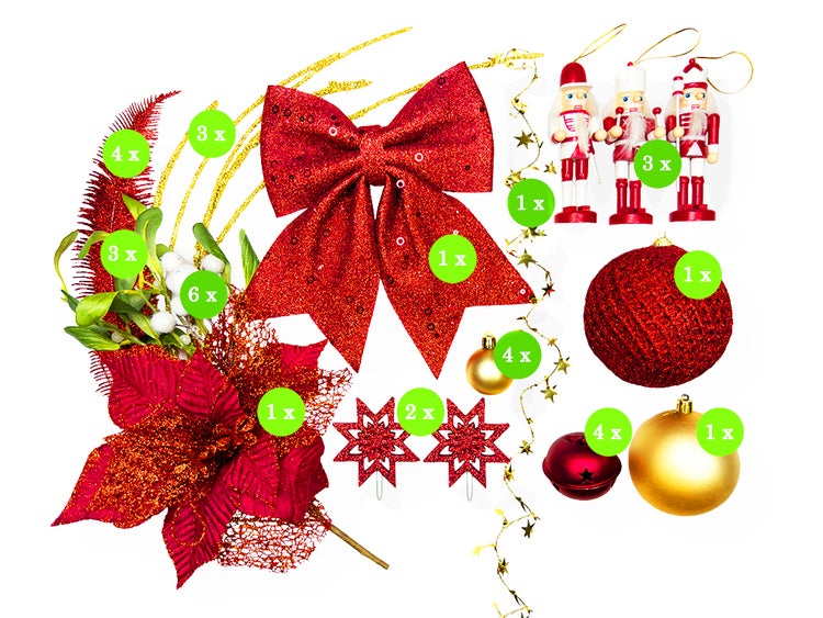 LAALU Set von Weihnachtsschmuck 34 Stück in Box Rot Nussknacker für Weihnachtsbaum bis zu 100 cm