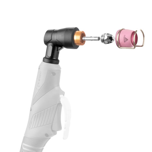 Plasmabrennerkopf mit schwarzem Griff, rosa Keramikdüse und metallischem Abstandshalter.