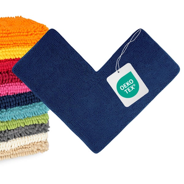 Blaue Chenille-Toilettenvorlage mit weicher Struktur und OEKO-TEX-Zertifizierung für Schadstofffreiheit.
